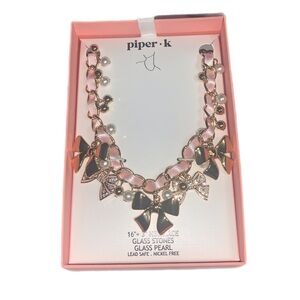 Piper K Pink and Gold Bow Necklace Ribbon Pearl Chain